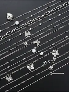 13pcsMinimalist Heart, Butterfly, Star, Moon & Stripe Faux Pearl & Rhinestone Necklaces Set For Women, Suitable For Date, Vacation & Daily Wear (Random Pearl Quantity)