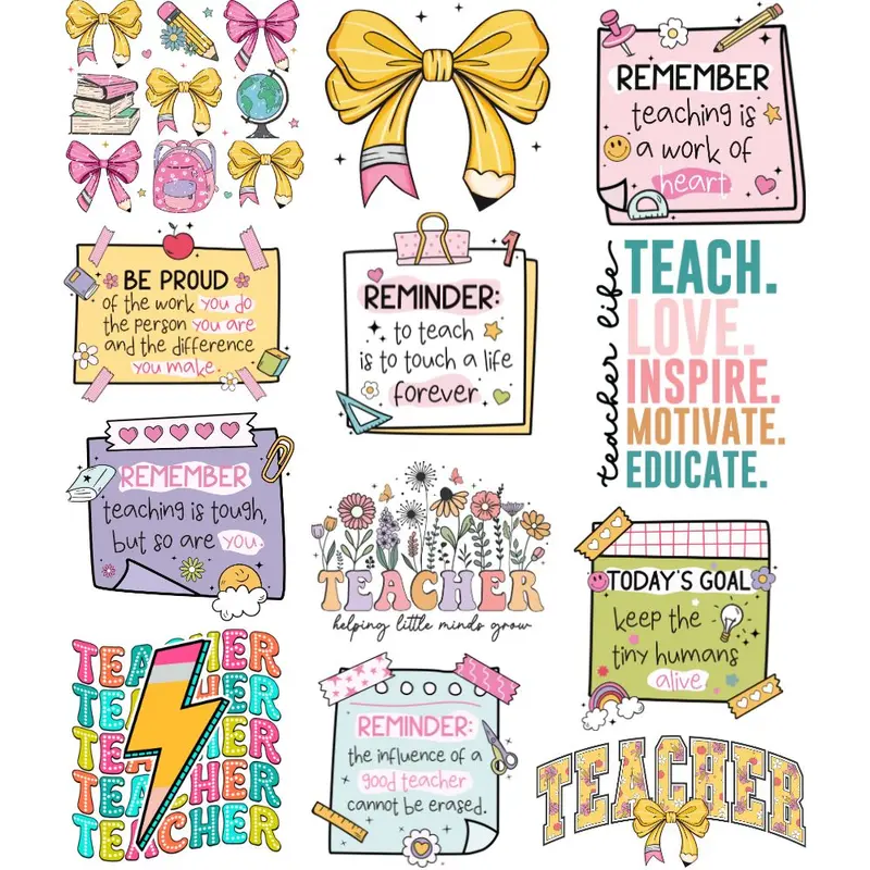 Teacher UV DTF Transfers Gang Sheet 11” wide x 12” long DIY UV Direct to Film Transfers made for hard surfaces