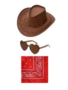 3-Piece Cowboy Hat Set for Women, Heart-Shaped Glasses, Paisley Scarf, Sun Hats, Perfect for Halloween, Parties, Carnivals