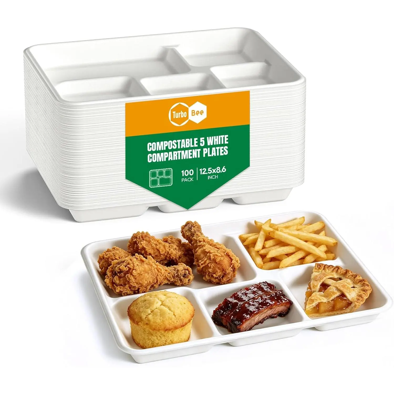 Turbo Bee 5-Compartment White Bagasse Paper Trays, 100-Pack Heavy-Duty Disposable Serving Plates for School Lunches, Party, Picnic