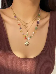 Women's Elegant Artificial Crystal & Star & Triple Moon Pendant Necklace,  Ethereal Layered Charm for Everyday Magic