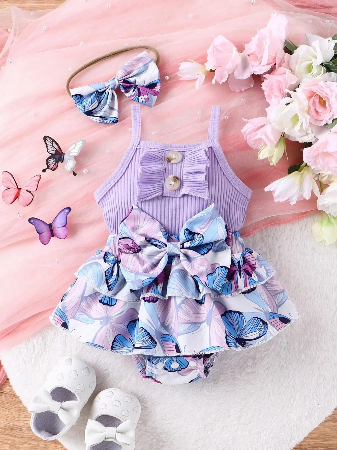 Baby Girl Summer 2-Piece Set Newborn Gift Set, Baby Clothing Outfits, Floral Print Layered Skirt, Bow Decoration, Waist Cinch, Triangle Romper, Includes Hairband