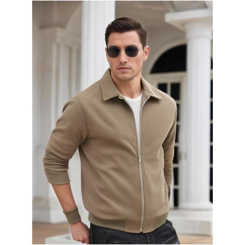 Men's Corduroy Bomber Jacket - Soft Pleated Navy Blue Zip-Up Casual Jacket for Outdoor Wear