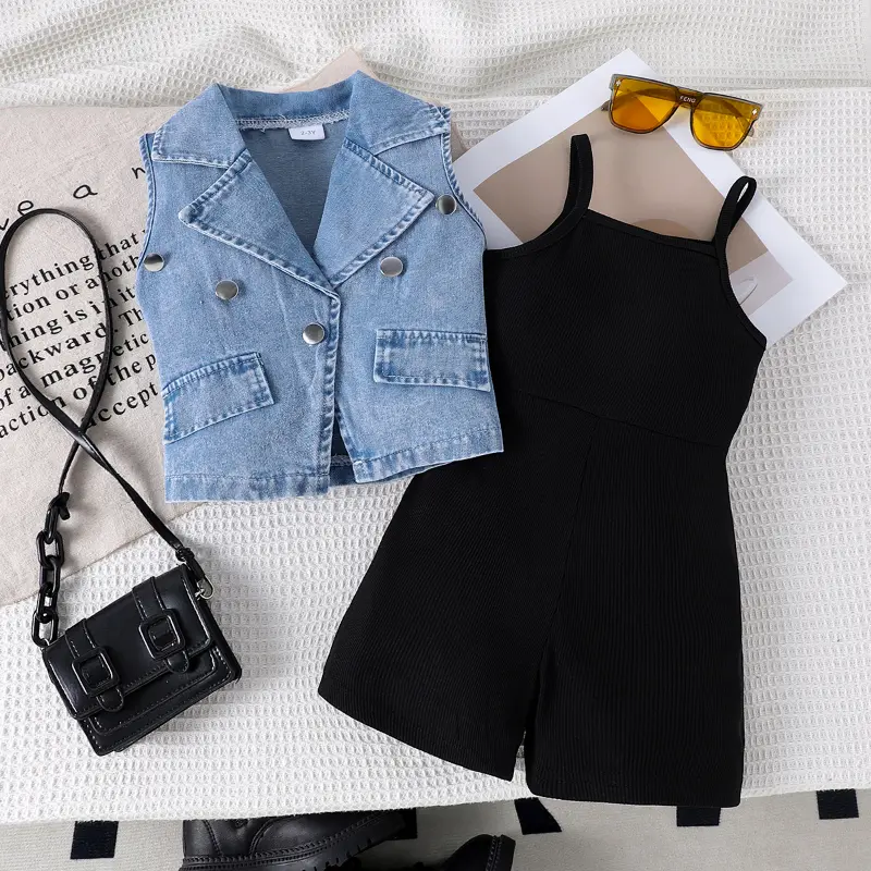 2025 Summer New Denim Girl Suit Temperament Vest + Jumpsuit Set-DY