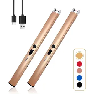 2 PCS Candle Lighter,Windproof Flameless Electric Lighter with LED Power Display & Safety Switch, Upgraded Plasma USB Rechargeable Lighter for Birthday Camping BBQ (Champagne Gold) Red Kitchen Portable Modern Utensils Lightweight