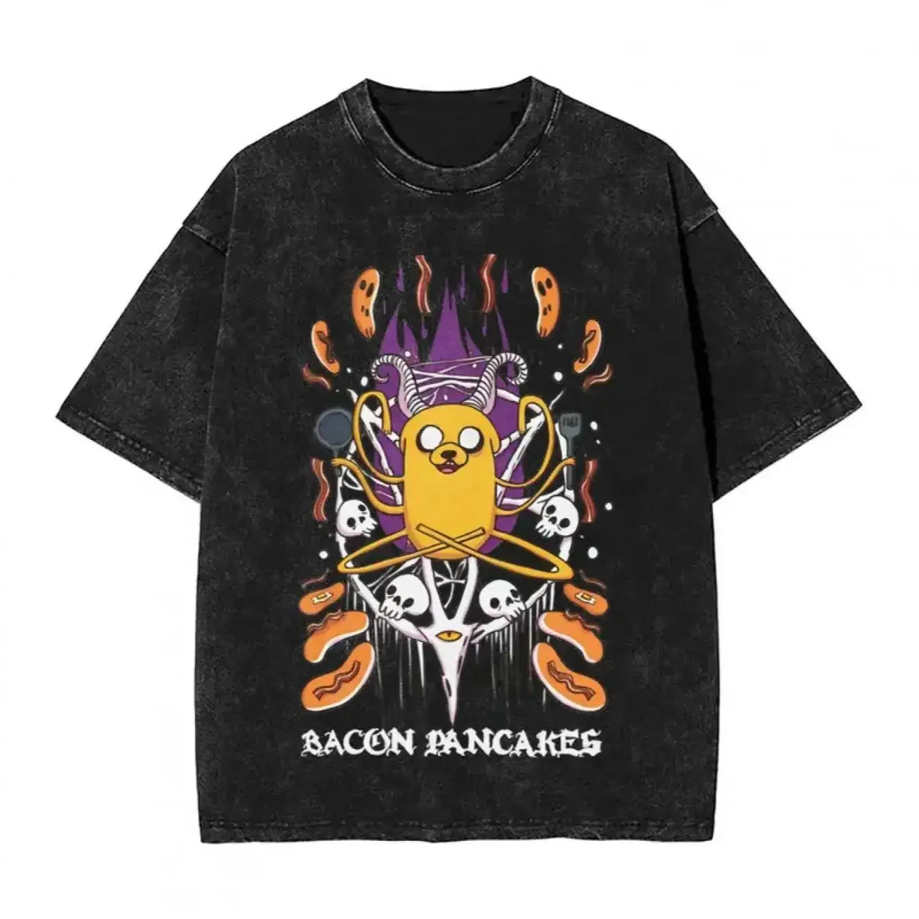 Vintage Washed Adventure Time Bacon Pancakes Graphic T-Shirt 100% Cotton Oversized Retro Black Streetwear Tee For Men And Women Casual Y2K Fashion Nostalgic Pop Culture Top Trendy Funny Cartoon Lover Gift Idea Short Sleeve Aesthetic Premium Apparel Top