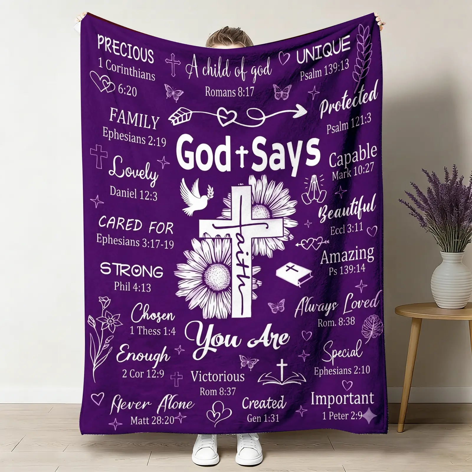 Inspirational Christian Flannel Blanket with Bible Verses, Purple Religious Gift Suitable for Women, Baptism or Recovery Use, Soft and Comfortable Shawl Blanket, Cross, Daisy, and Butterfly Patterns, All-Season Comfort ﻿
