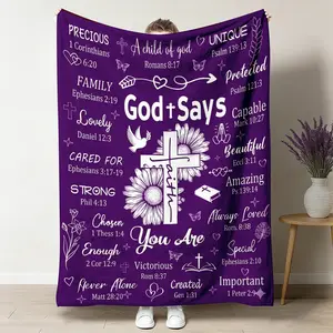 Inspirational Christian Flannel Blanket with Bible Verses, Purple Religious Gift Suitable for Women, Baptism or Recovery Use, Soft and Comfortable Shawl Blanket, Cross, Daisy, and Butterfly Patterns, All-Season Comfort ﻿