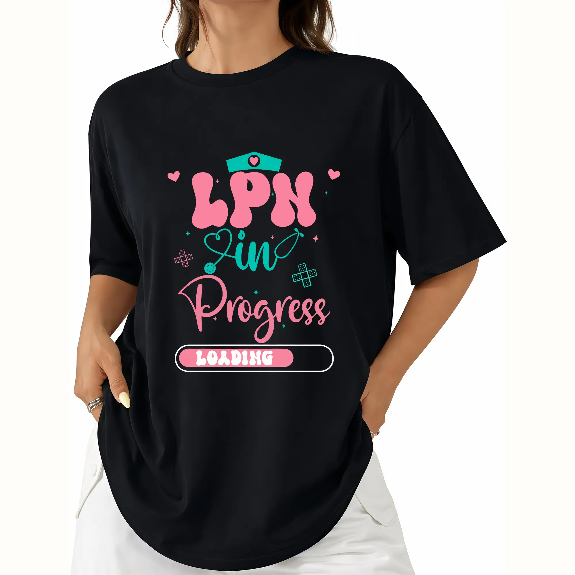 Women's LPN In Progress Digital Print T-Shirt, Round Neck Top with Progress Bar & LPN Logo, Turquoise Icons, Loose Fitting Versatile Casual Wear for Aspiring Nurse Graduates, Printed, Style