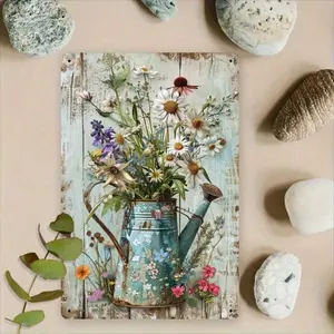 Aluminum Farmhouse Wall Art Set with Blue Watering Can and Floral Garden Design Vintage Style Indoor Outdoor Decor Aluminum Material Flowers Butterfly Floral Print