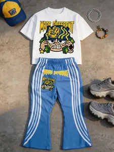 Boy Casual Graffiti Hand-Drawn Letter Hip-Hop Portrait Sports Street Style Y2K Round Neck T-Shirt and Bell Bottoms Pants Set, Summer Wear, Matching Outfit Set, Loose Fit Set