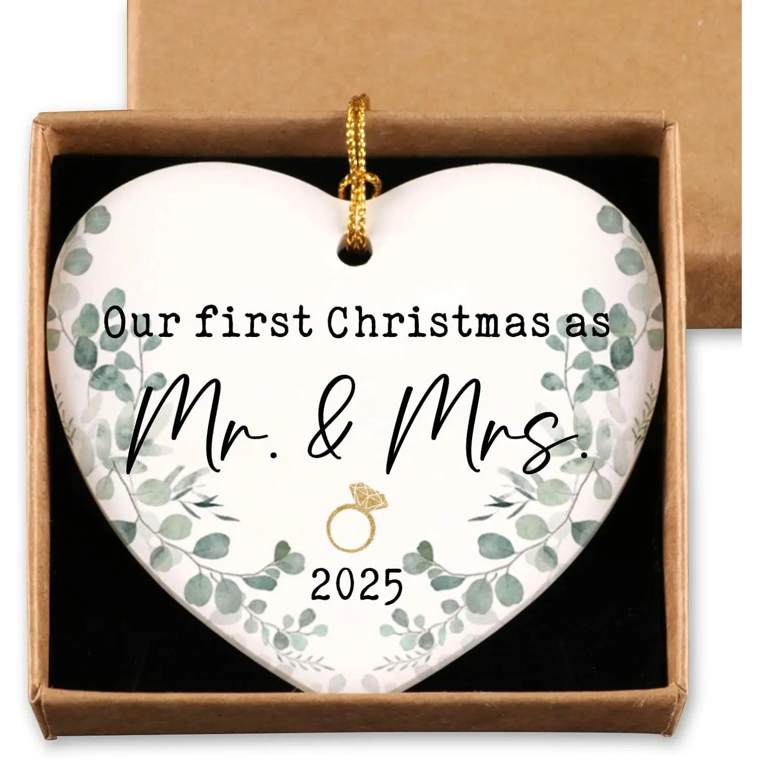 First Christmas Married Ornament 2025 Mr and Mrs Gifts Just Married Ornaments Wedding Registry Ideas Gifts for Newly Couples Christmas Ceramic Heart Ornament