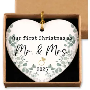 First Christmas Married Ornament 2025 Mr and Mrs Gifts Just Married Ornaments Wedding Registry Ideas Gifts for Newly Couples Christmas Ceramic Heart Ornament