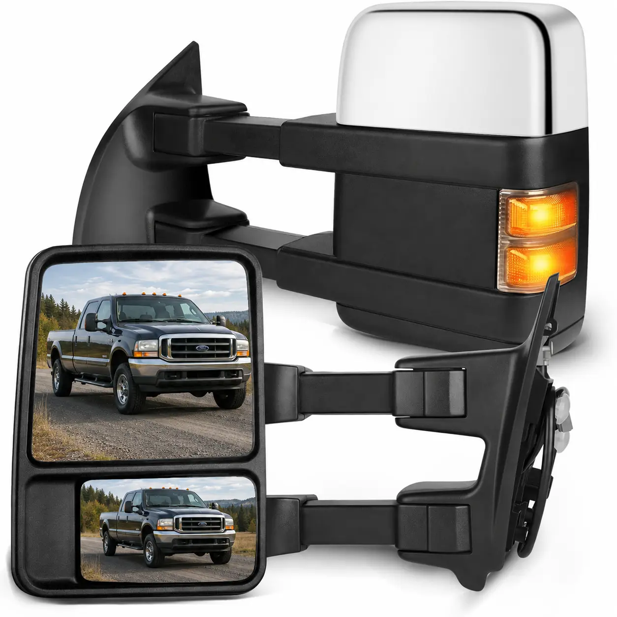 Towing Mirrors fit 1999-2007 Ford F250 F350 F450 F550 Super Duty, Chrome Power Heated Tow Mirrors with LED Smoke Turn Signal Lights, Manual Telescoping Side View Mirror Pair Set Left and Right