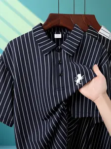 Men's Summer Casual Commuter Lion Print Short Sleeve Polo Shirt, Cool Comfortable Turn-Down Collar Top, Daily Wear Fashion