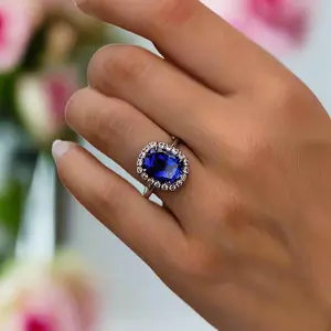 Luxurious Halo Cushion Cut Blue Sapphire Engagement Ring