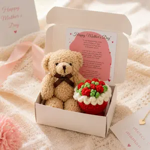 Father's Day and Mother's Day Teddy Bear Gift Box, Includes Crochet Bouquet and Card, Cute Handmade Gift for Mom Dad Wife Husband Grandma Grandpa