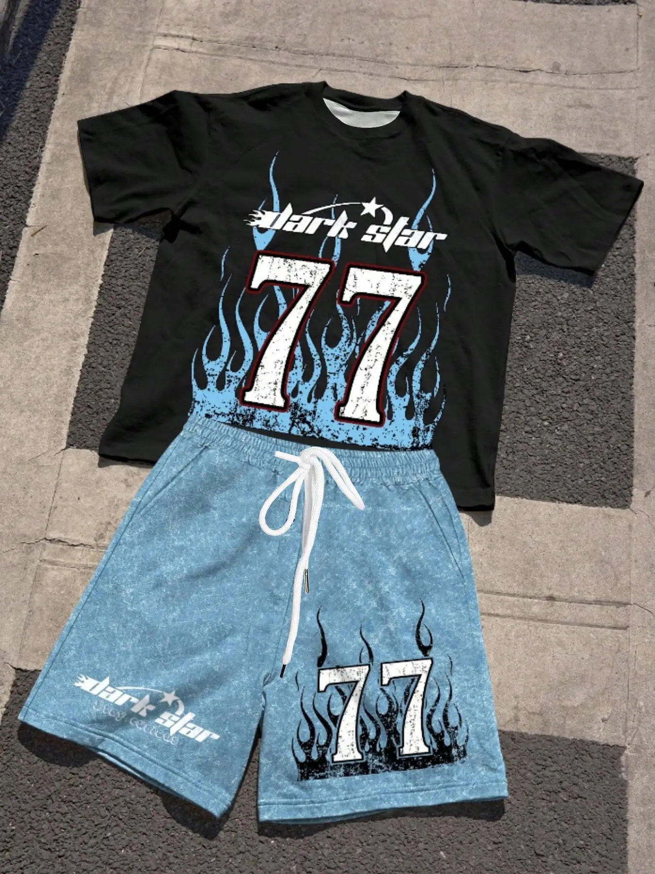Dark Star77 Vintage Flame Print Short Sleeve Tee Set, Washed Blue Shorts, Casual Fitted All-Over Print, Two-Piece for All Seasons, Graphic Tee Set
