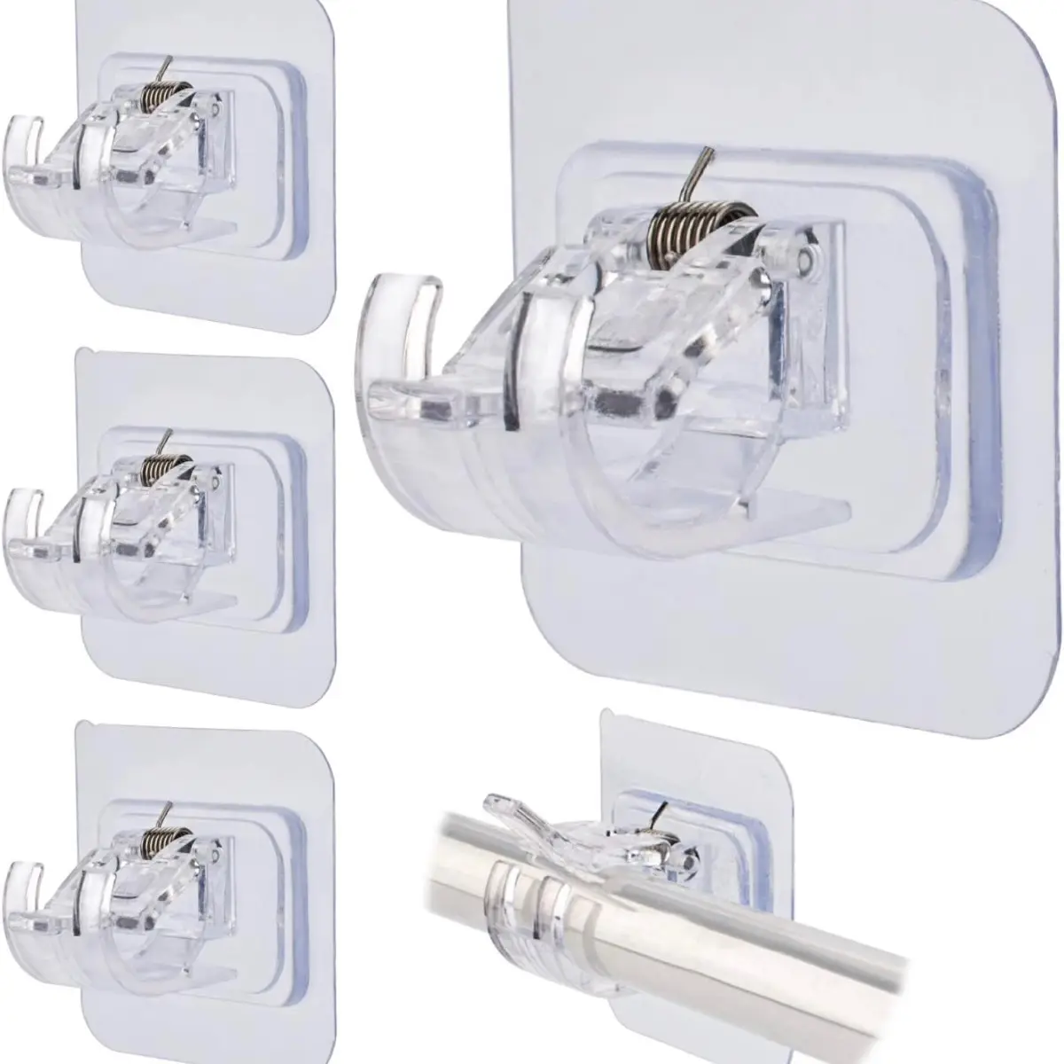 No Drill Curtain Rod Bracket, Self Adhesive Curtain Rods Holders, 4 Pack Transparent Curtain Rod Hooks Hangers for Wall,No Drilling for 5/8 to 7/8 In Drape Poles