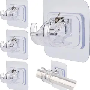 No Drill Curtain Rod Bracket, Self Adhesive Curtain Rods Holders, 4 Pack Transparent Curtain Rod Hooks Hangers for Wall,No Drilling for 5/8 to 7/8 In Drape Poles