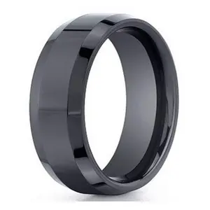 The Obsidian Men's Black Polished Ceramic Wedding Band Beveled Edges 7mm