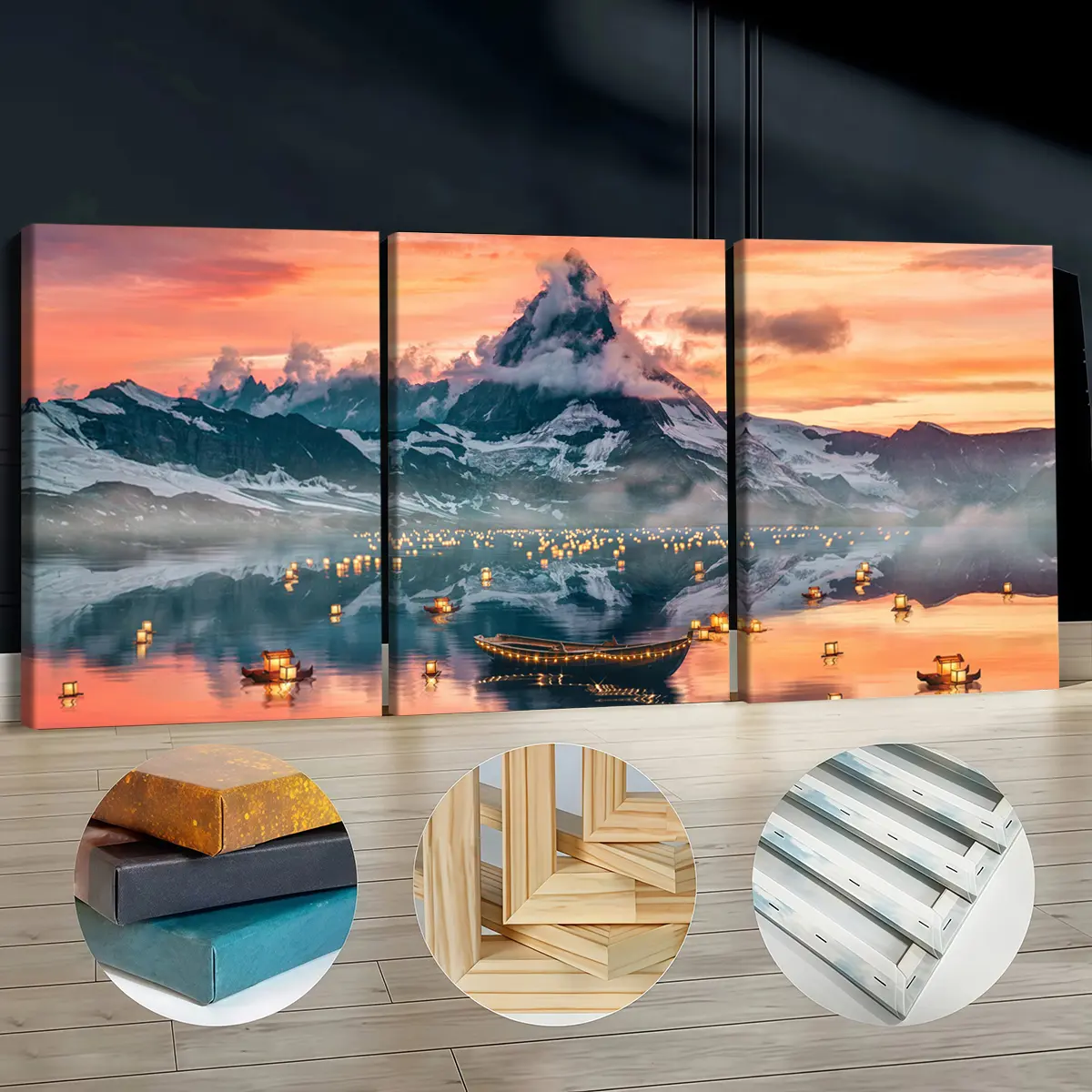 3Pcs Artistic Wooden-Framed Canvas Paintings - Mountain Lake Lantern Sunset Nature Artwork, Waterproof Odorless Wall Art, Assorted Art Prints, Home Supplies, Living Room Decor, Kid Room Posters, Lanterns-Infused Design