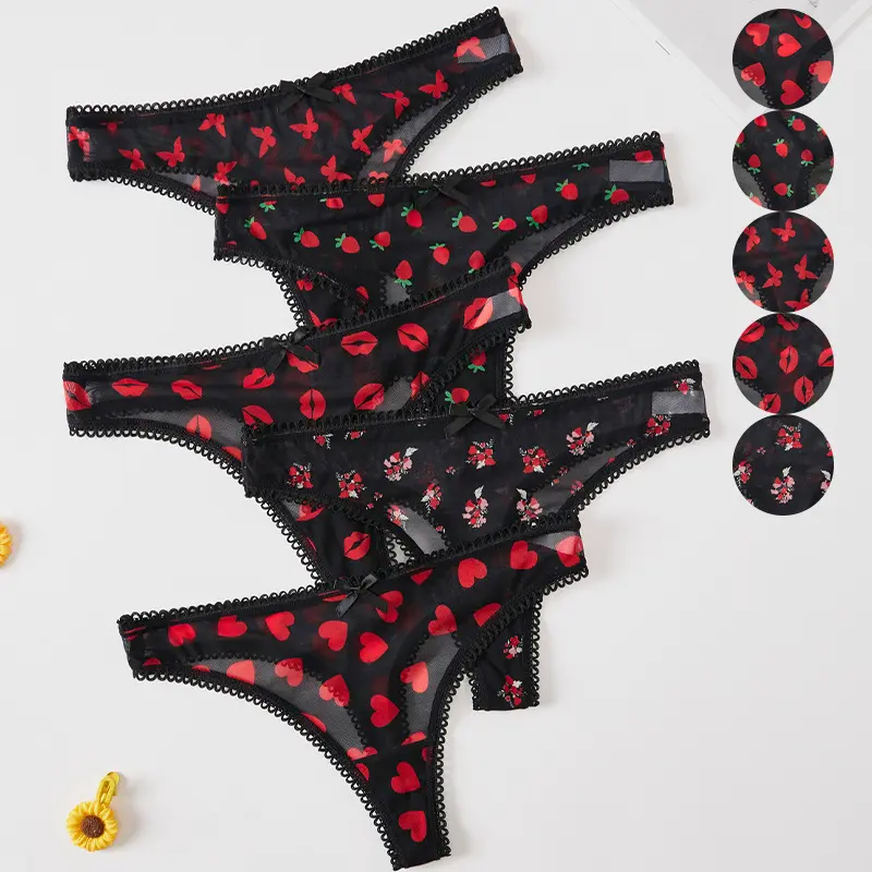 5Pcs Women Sheer Mesh Thong Underwear, Low Rise Lace Trim Printed T-Back Panties with Tiny Bow, Breathable See Through Heart Lip Floral Strawberry Print Intimates for Daily Romantic Lingerie Wear
