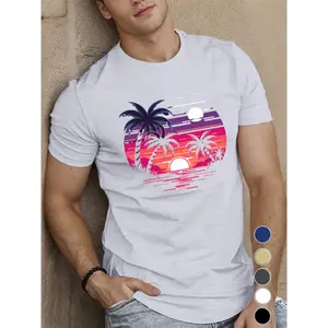 [Regular Fit Graphic T-Shirt] Men's Geometric-Pattern Tropical Sunset and Palm Trees Graphic T-Shirt - Crew Neck, Regular Fit, Knit Fabric Casual Summer Top