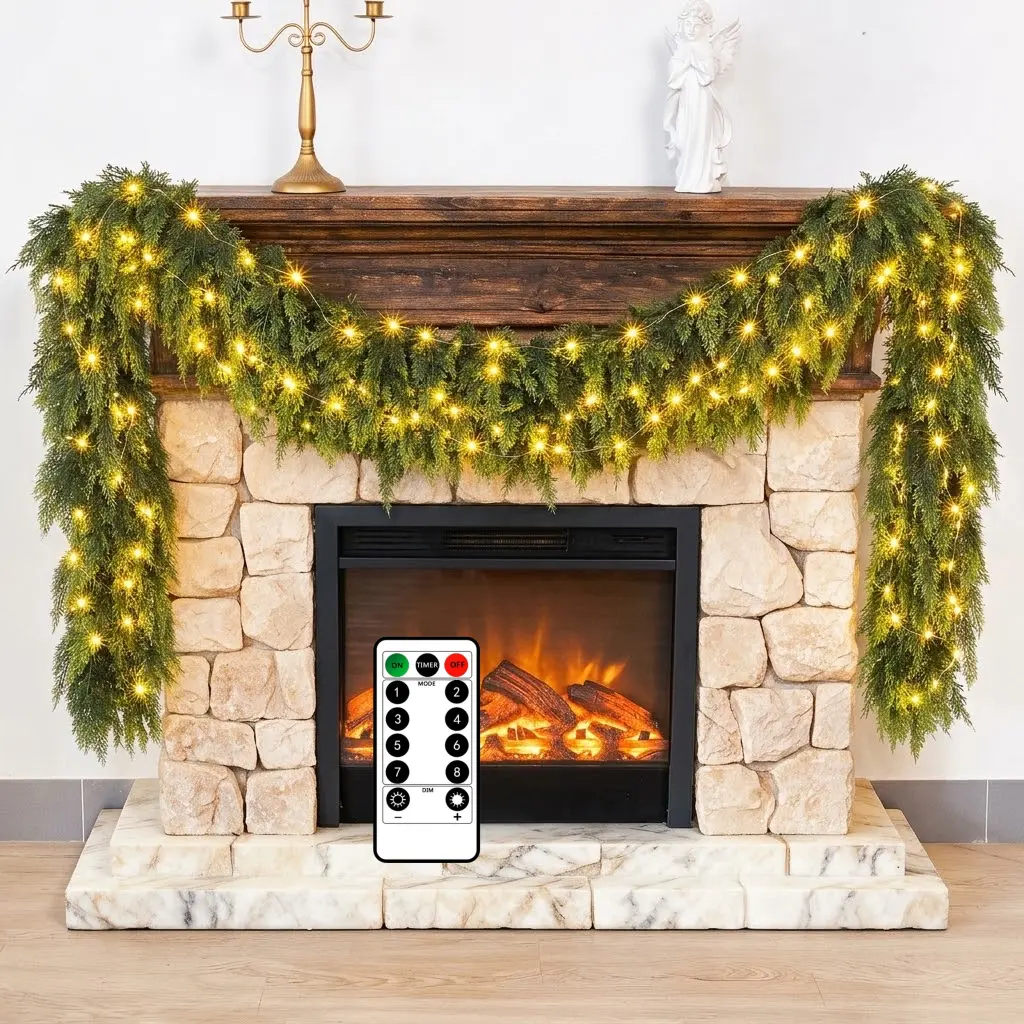 2pcs 6FT Pre-Lit Cedar Christmas Garland with Remote Control & Timer, 8 Lighting Modes, Realistic Greenery for Mantel, Staircase, Doorway & Holiday Decor