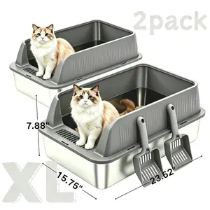 petwhole 2-Pack Stainless Steel Litter Box, 23" L x 15" W x 8" H XL Metal Tray for Large Cats with High Sides & Lid, Includes Scoop, Easy-to-Clean (Dark Grey)