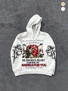 Unisex Hooded Sweatshirt, Gothic Style Pullover with Angel Cupid Letter Print, Casual Long Sleeve Streetwear, Polyester Fabric