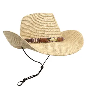 Womens Straw Cowboy Hat Wide Brim Western Sun Hat with Feather Band