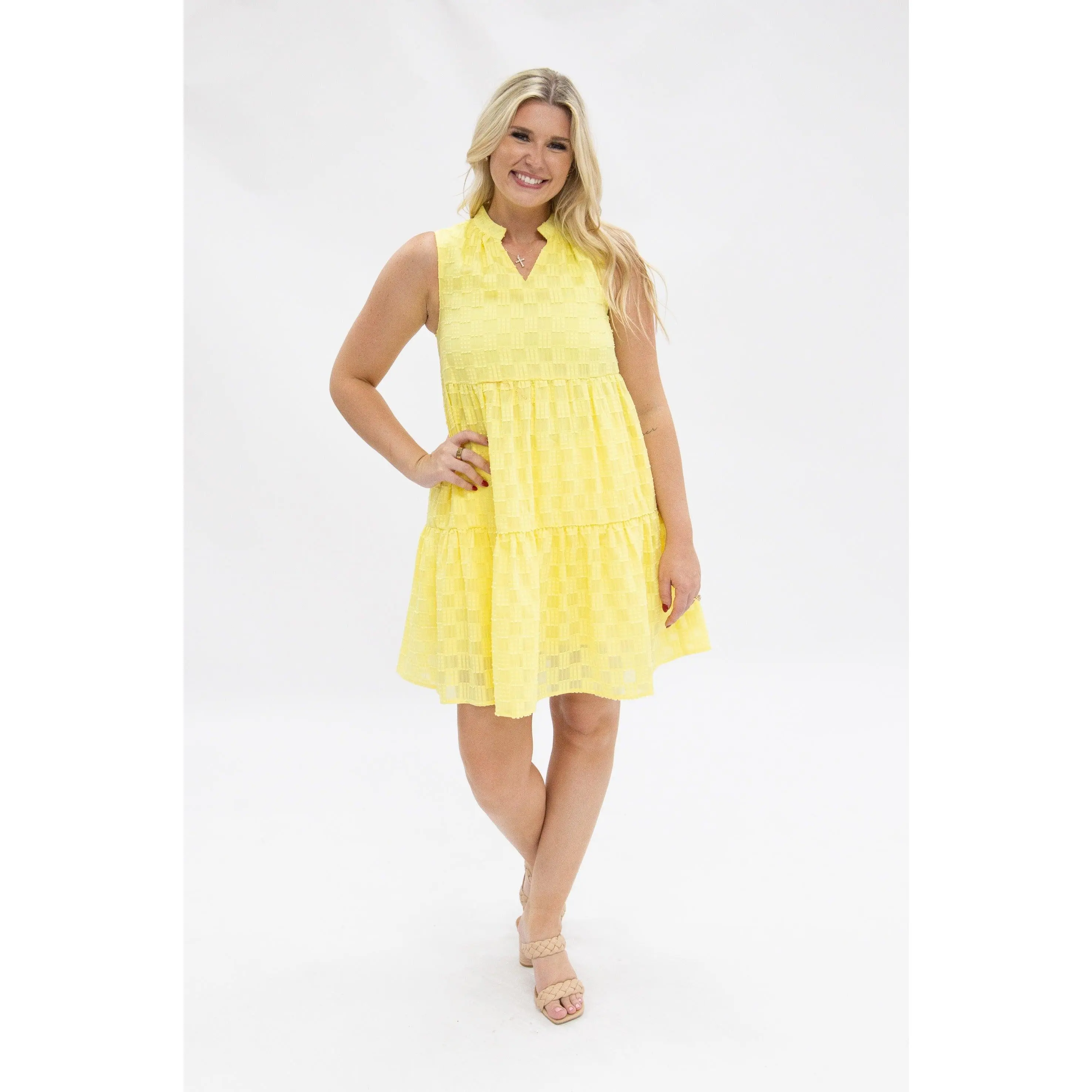 Sleeveless Tiered Dress, Yellow Checkered