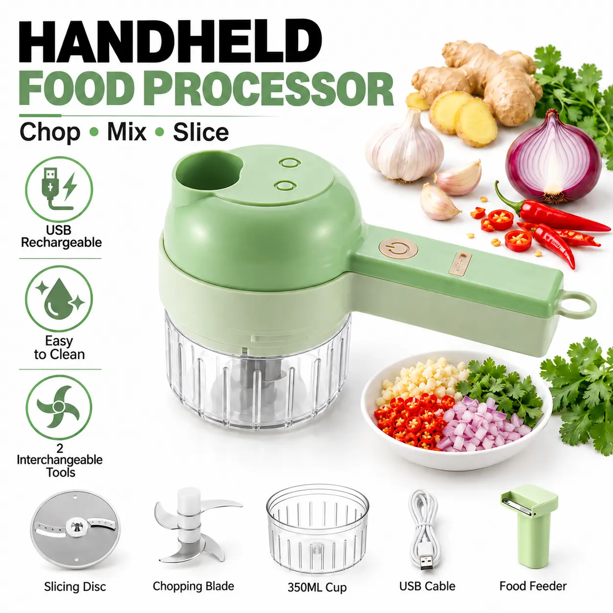 4-in-1 Multifunctional Electric Vegetable Cutter, Electric Vegetable Cutte…Handheld Cordless Rechargeable Food Chopper Processor, Onion Dicer Garlic Mincer Veggie Slicer Grater for Home Kitchen Cooking ￼