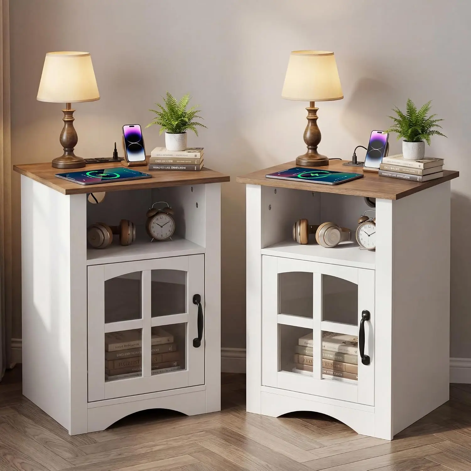 Furmax Farmhouse End Table with Charging Station, Night Stand with LED Light,Open Storage Shelf and Glass Door, Sofa Side Table Set of 2 for Living Room/Bedroom(White)