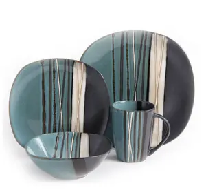 Red Square Stoneware Dinner Set 16 Pieces Casual Everyday Plates Bowls Mugs for Four