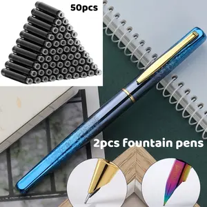 2 pcs fountain pens + 50 ink cartridges, 0.5 mm fine tip / 0.38 mm medium tip, stainless steel material, built-in ink absorber, compatible with 3.4 mm cartridge size, gold-plated nib, suitable for business and office use, smooth writing, ideal for signatu