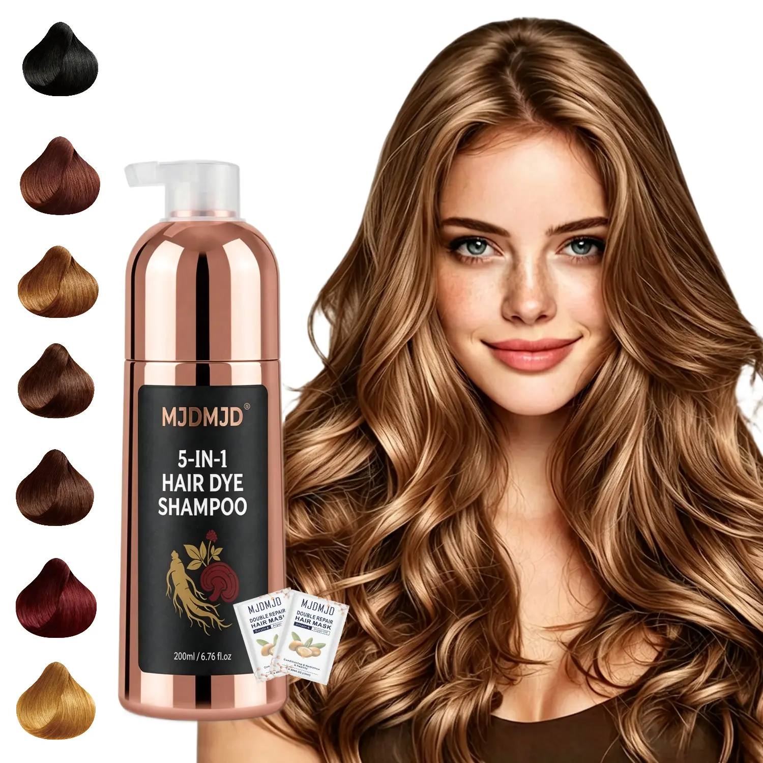 Light Brown 5-in-1 Hair Dye Shampoo,Effective Full Gray Coverage, Natural Botanical Infused Semi-Permanent Hair Color for Men & Women, Simple At-Home Dyeing, 7 Available Shades, Free 2 Hair Mask Sachets for Nourishing Hair Care,6.76FL OZ 3-in-1 instant go