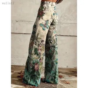 New2025Comfy Fashion  Casual Versatile Denim Pants For Women, Retro Graffiti Butterfly Design, Ombre Wash Denim, 3D Print With Colorful Striped Vintage Women'S Clothing & Denim Jeans Polyester