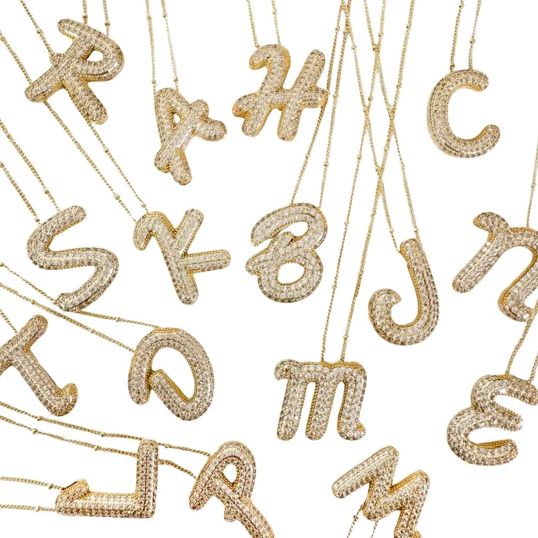 New* Initial SCRIPT CZ Balloon Bubble Gold Necklaces