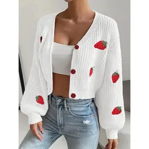 SERACAL Strawberry Embroidered Cardigan | Sweet V-Neck Knit Top | Cute Cropped Sweater with 3D Applique
