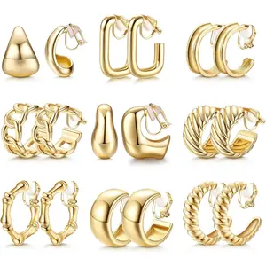 FLORIDECO 9 Pairs Clip on Earrings Chunky Hoop Clip Earrings Trendy Clip on Hoop Earrings for Women Non-Pierced Fake Jewelry Thick Studs Gold Plated Hoop Set