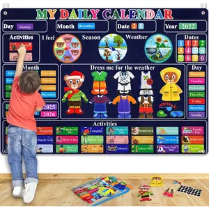 Classroom Calendar Circle-Time Learning Center My Daily Calendar with 93 Homeschool Activities, Felt Board Sensory Wall Toys, Fashion, Navy Blue