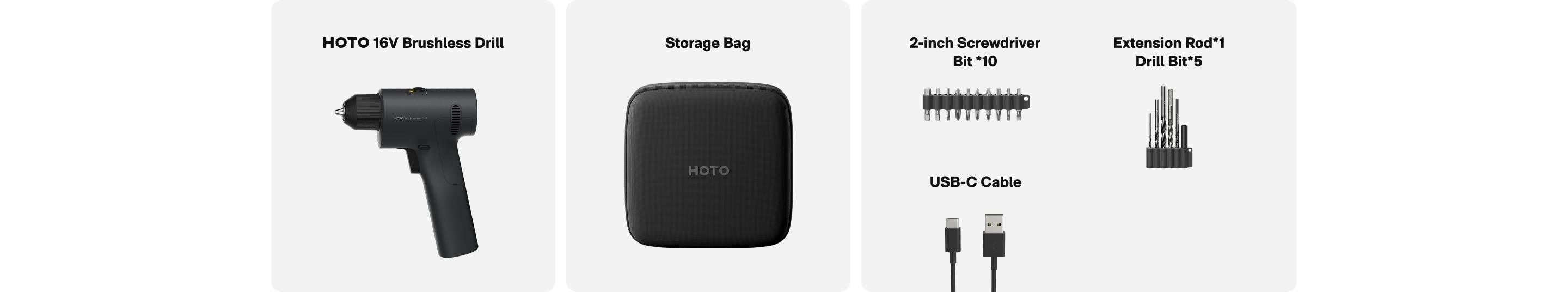 HOTO 16V Brushless Power Drill, 50 N·m High Torque with Smart Display, Auto Mode and LED Light, 10 Bits, 5 Drill Bits, 3/8” Keyless Chuck, Two Working Modes, Perfect for Home Repairs and Projects HOTO 16V Brushless Power Drill, 50 N·m High Torque with Smart Display, Auto Mode and LED Light, 10 Bits, 5 Drill Bits, 3/8” Keyless Chuck, Two Working Modes, Perfect for Home Repairs and Projects