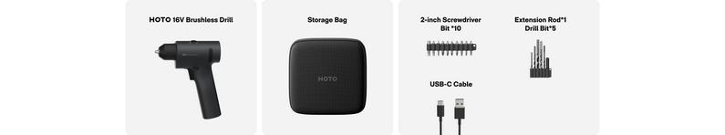 HOTO 16V Brushless Power Drill, 50 N·m High Torque with Smart Display, Auto Mode and LED Light, 10 Bits, 5 Drill Bits, 3/8” Keyless Chuck, Two Working Modes, Perfect for Home Repairs and Projects