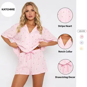 Katch Me Chic Women's Simple Style Stripe Heart Button Short Sleeve Shirt & Shorts Co-ord, Soft Loose PJ Lounge 2-Piece Set, Women's Daily Sleepwear Set