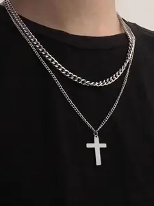 2-Piece Men's Punk Hip Hop Double Layer Stainless Steel Cross Pendant Necklace Set, Stylish Layered Jewelry for Fashion Enthusiasts, Statement Necklace