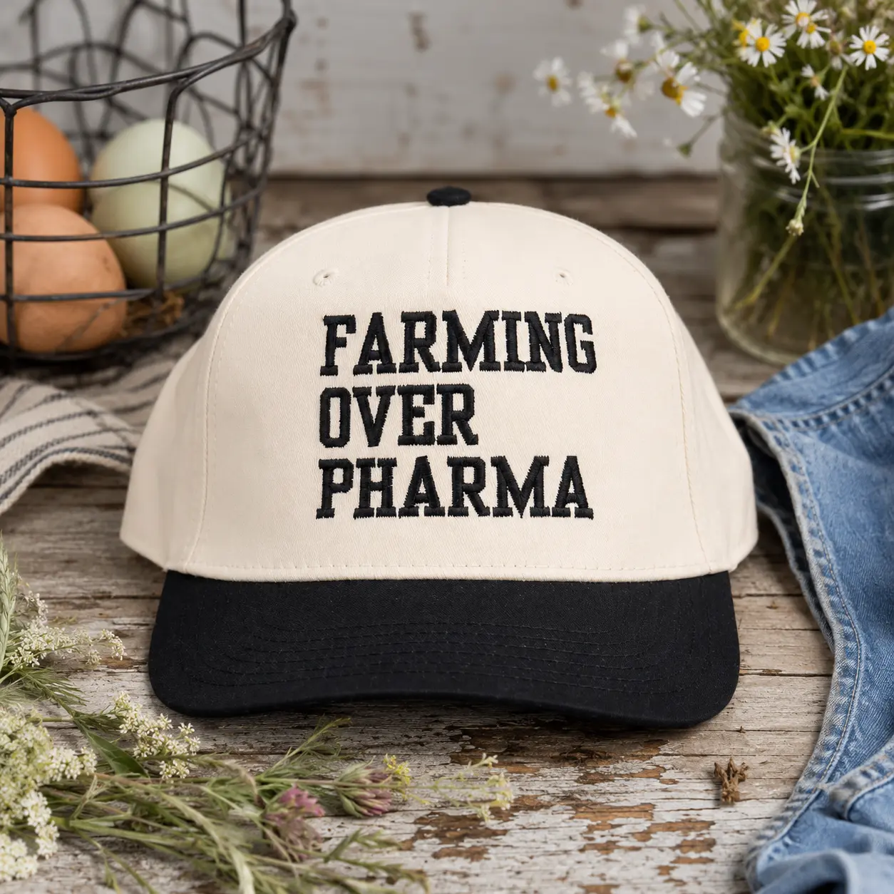 Farming Over Pharma Embroidered Trucker Hat – Funny Farmer Baseball Cap, Two Tone Cream Black Farmcore Gift