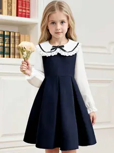 Sweet Academy Style Lace Peter Pan Collar Butterfly Long Sleeve Shirt Colorblock Pleated Dress, Perfect for Campus & Daily