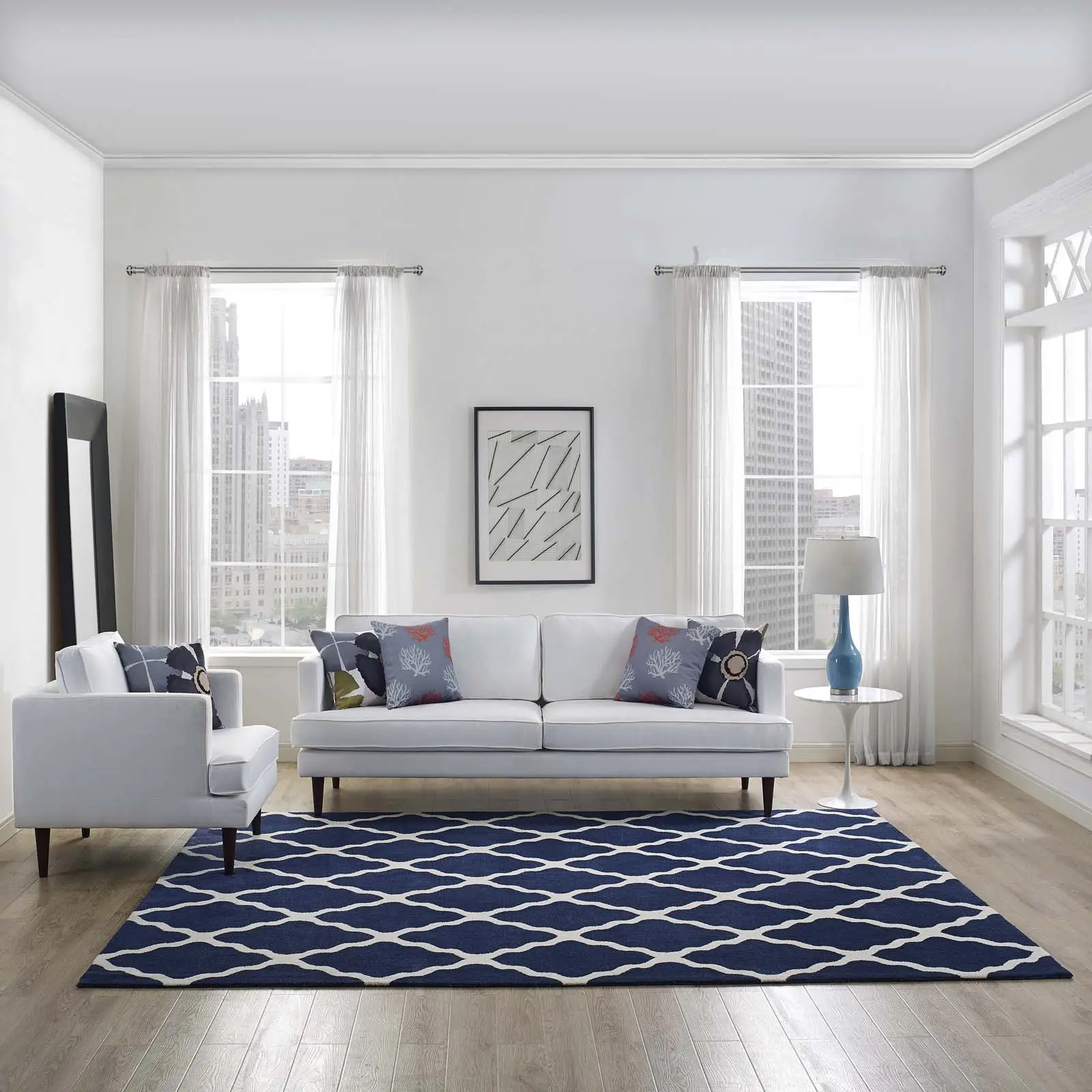 Modway Marja 8x10 Indoor Area Rug - Navy and Ivory, High-Density Machine-Woven, Moroccan Trellis Motif, Anti-Shrink Mid-Century Modern, Ideal for Bedroom, Living Room Decor